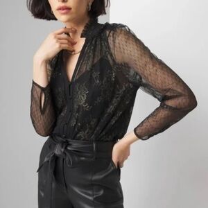 White House Black Market Black Sheer Lace Blouse with Gold Metallic Thread